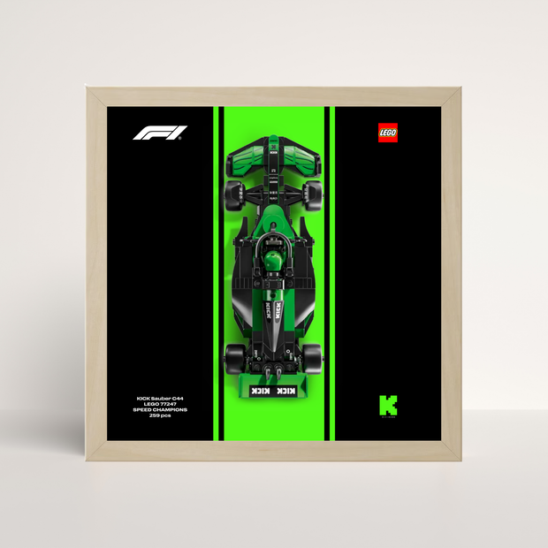 Cadre en bois de chêne pour LEGO Speed Champions Kick Sauber et affiche design A.