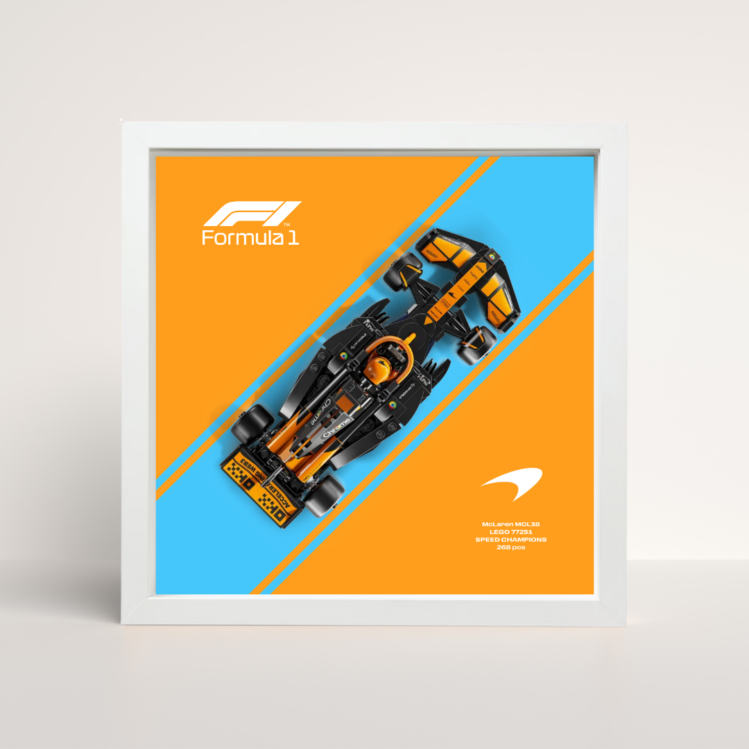 Cadre blanc 25x25cm pour collection Speed Champions McLaren F1 et arrière-plan design B.