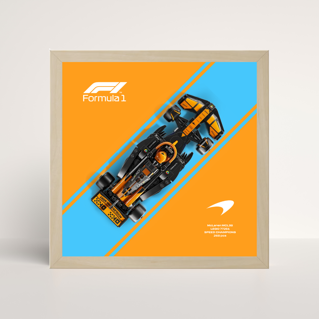 Support mural haut de gamme finition chêne pour voiture LEGO McLaren F1 design B.