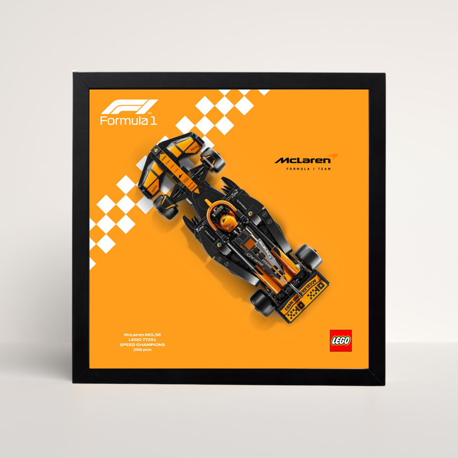 Support d'exposition LEGO Speed Champions McLaren cadre noir et poster technique design C.