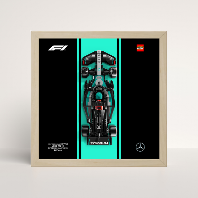 Cadre en bois de chêne pour LEGO Speed Champions Mercedes F1 2025 et affiche design A.