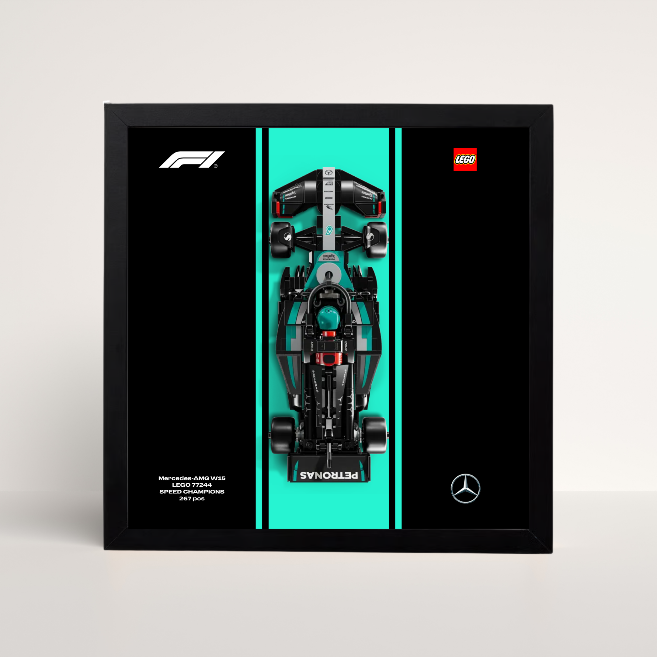 Cadre noir 25x25cm pour LEGO Speed Champions Mercedes-AMG F1 avec affiche design A.