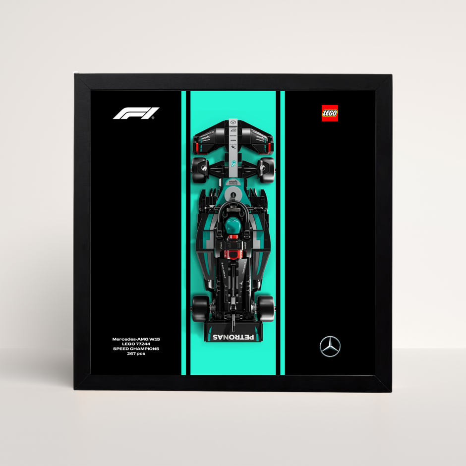 Cadre noir 25x25cm pour LEGO Speed Champions Mercedes-AMG F1 avec affiche design A.