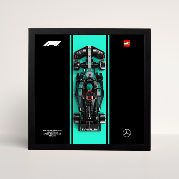 Cadre noir 25x25cm pour LEGO Speed Champions Mercedes-AMG F1 avec affiche design A.