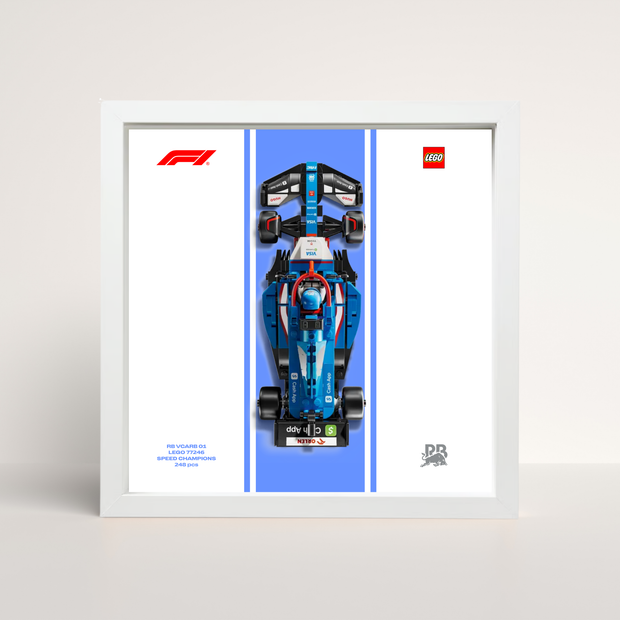 Tableau déco LEGO VCARB F1 cadre bois blanc épuré et affiche artistique design A.