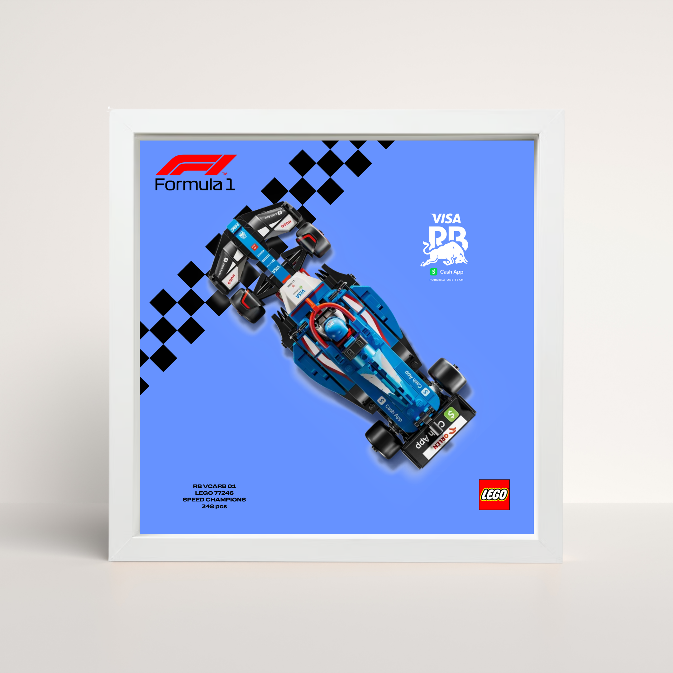 Vitrine murale blanche pour set LEGO Racing Bulls F1 avec visuel de circuit design C.