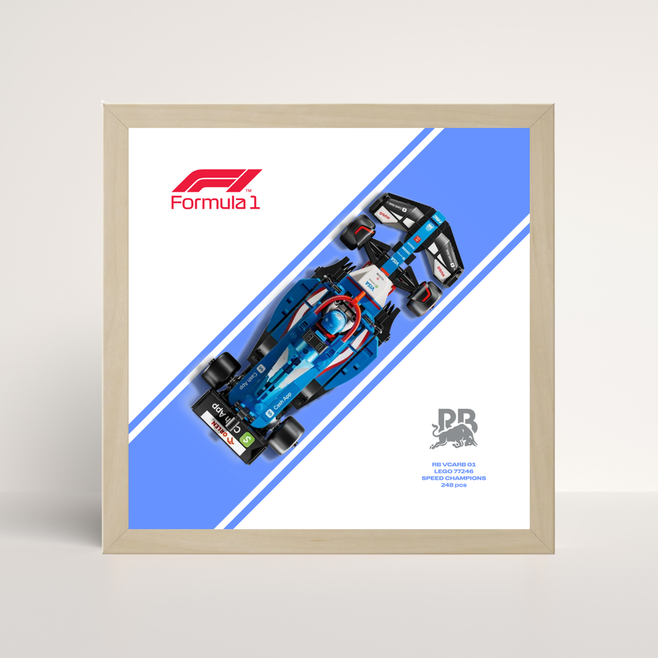 Support mural luxe finition chêne pour voiture LEGO VCARB F1 et poster design B.