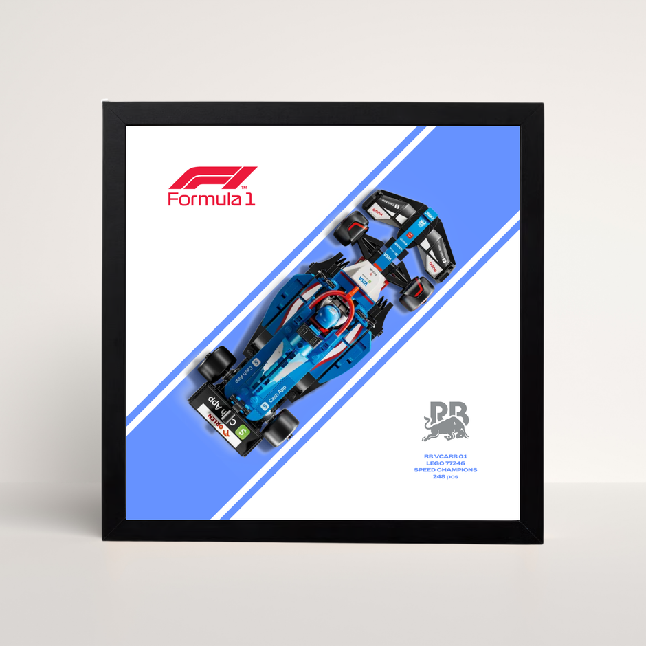 Présentoir mural noir pour voiture LEGO VCARB F1 et fond graphique bleu argent design B.