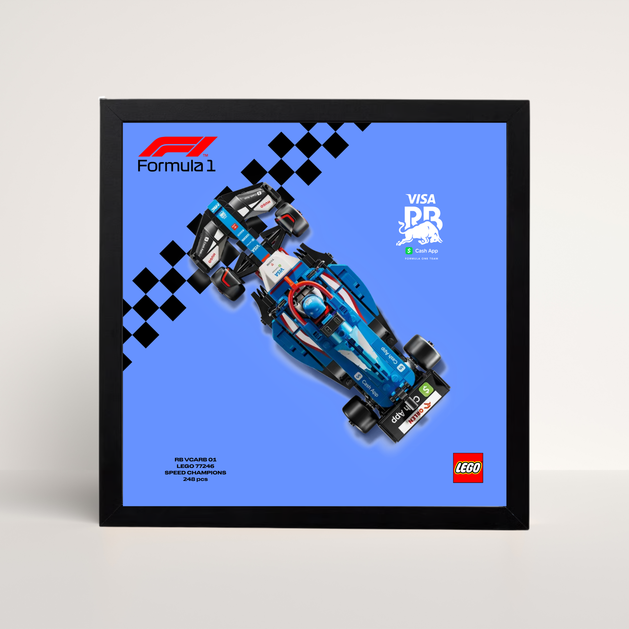 Support d'exposition LEGO Speed Champions Racing Bulls cadre noir et poster technique design C.