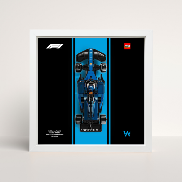 Tableau déco LEGO Williams F1 cadre bois blanc épuré et affiche artistique design A.