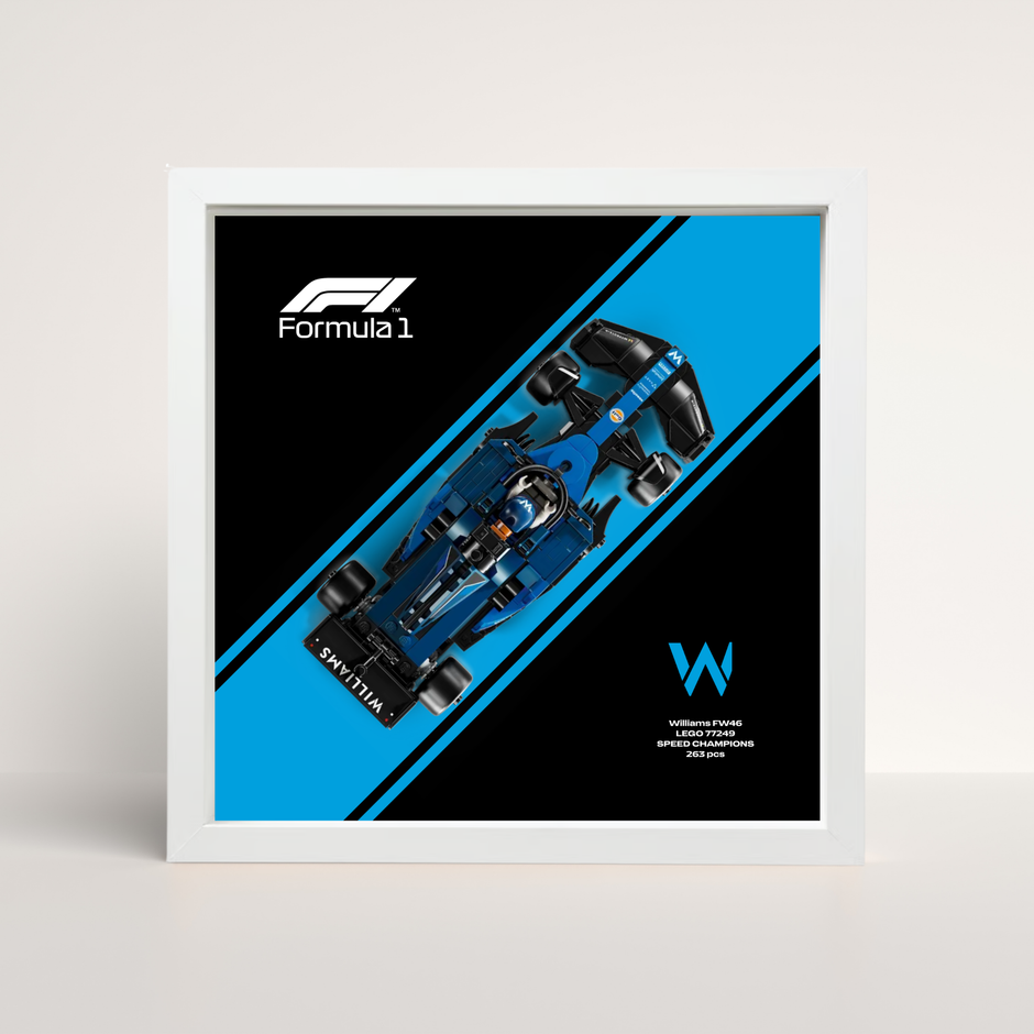 Cadre blanc 25x25cm pour collection Speed Champions Williams F1 et arrière-plan design B.