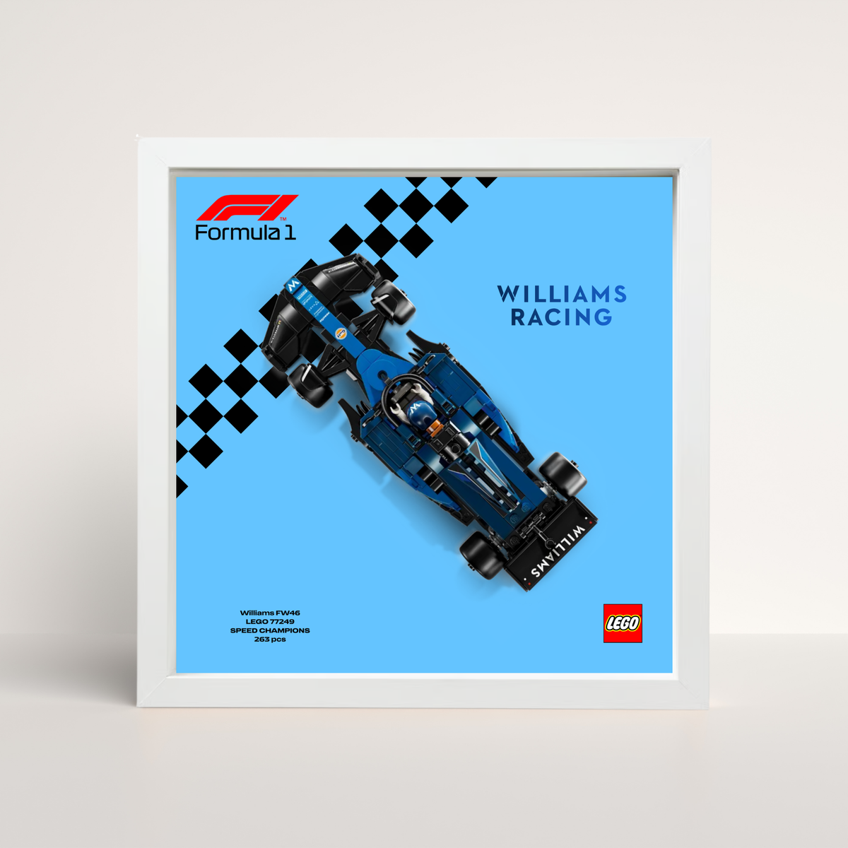 Vitrine murale blanche pour set LEGO Williams F1 avec visuel de circuit design C.