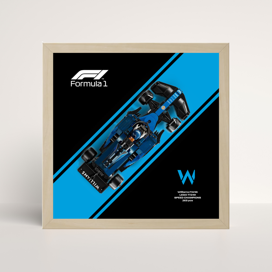 Support mural luxe finition chêne pour voiture LEGO Williams F1 et poster design B.