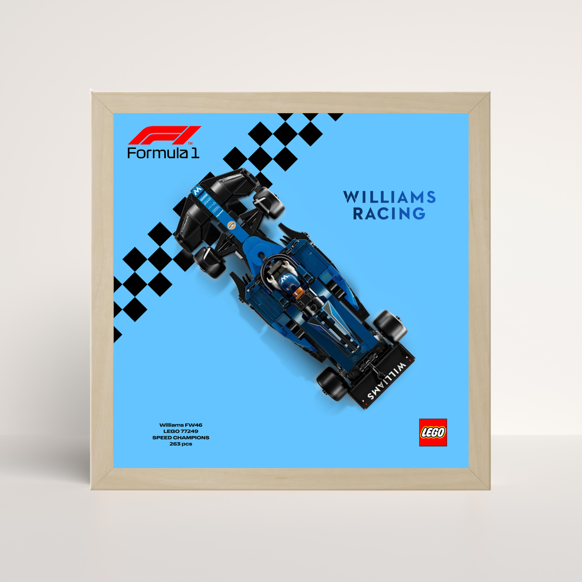 Cadre bois naturel chêne pour exposition LEGO Williams F1 et visuel technique design C.