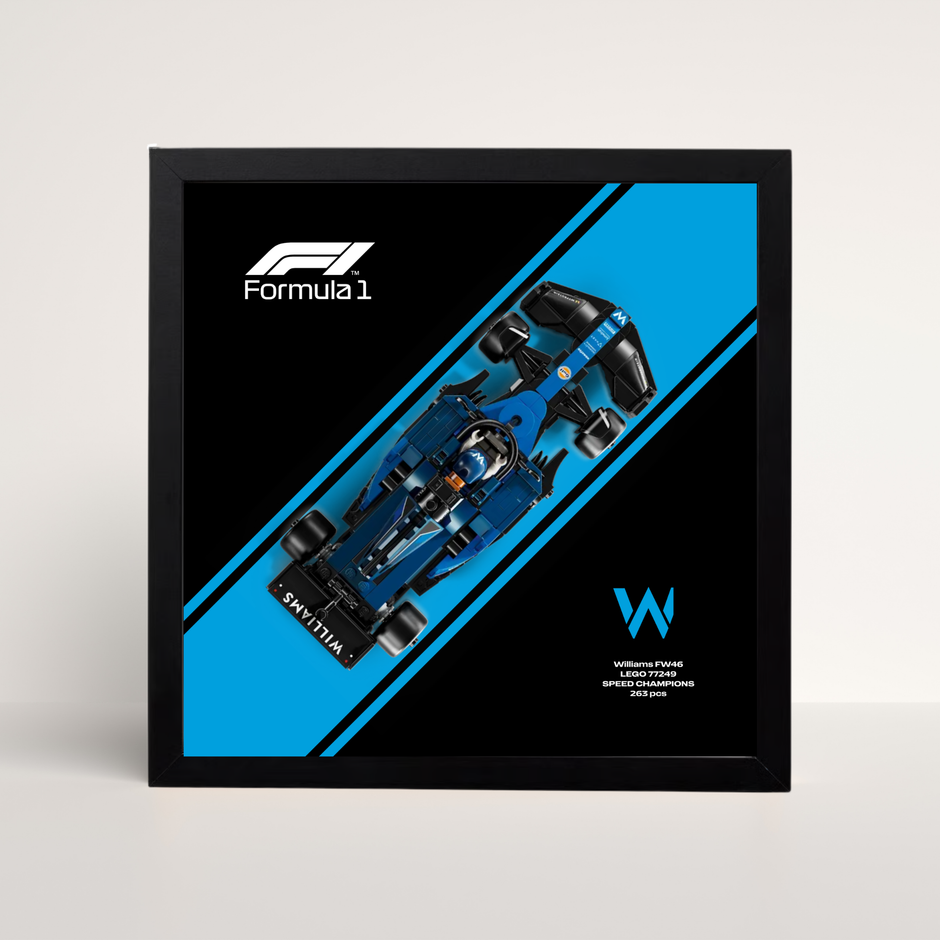 Présentoir mural noir pour voiture LEGO Williams F1 et fond graphique bleu design B.