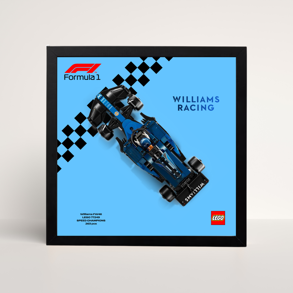Support d'exposition LEGO Speed Champions Williams cadre noir et poster technique design C.