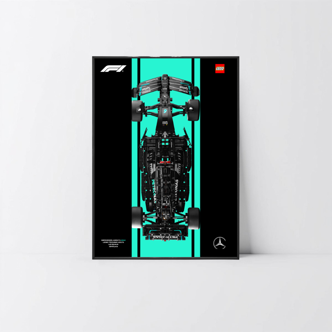 Cadre épuré PVC noir pour LEGO Technic Mercedes W14, fond graphique Design A.