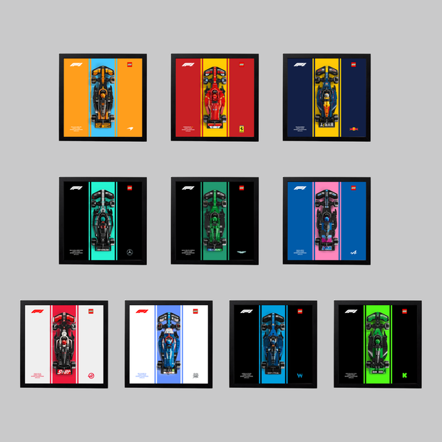 Mur d'exposition complet avec les 10 écuries F1 LEGO Speed Champions 2024-2025.