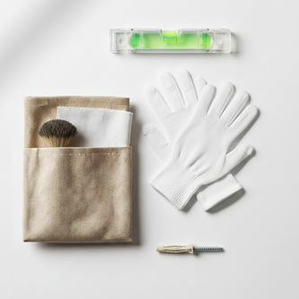 Pack complet Astella Bricks incluant gants, kit de nettoyage, niveau et fixations pour cadres LEGO.