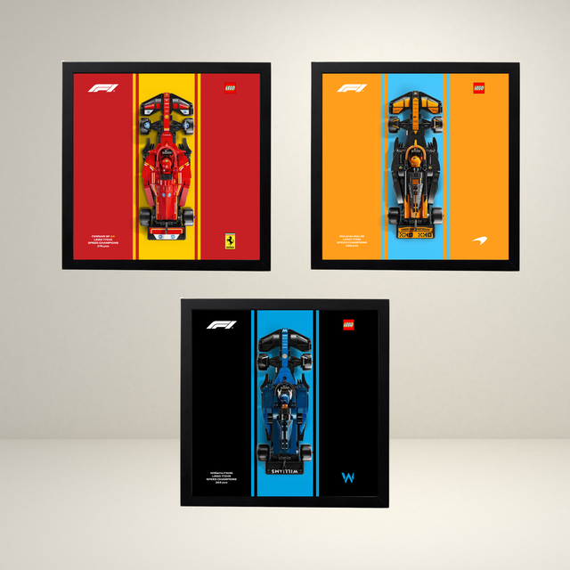 Trio de cadres d'exposition Astella Bricks pour les écuries historiques Ferrari, McLaren et Williams Racing.