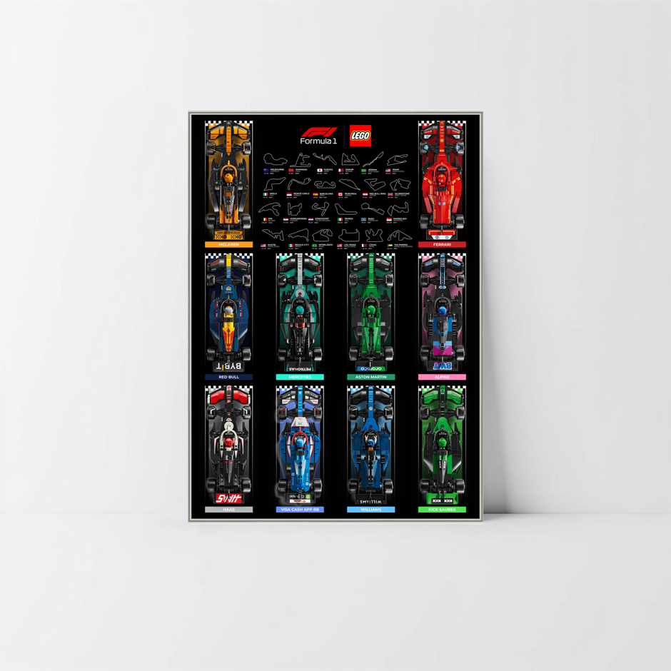 Tableau d'exposition 10 voitures LEGO Speed Champions, cadre alu argent et affiche design B.