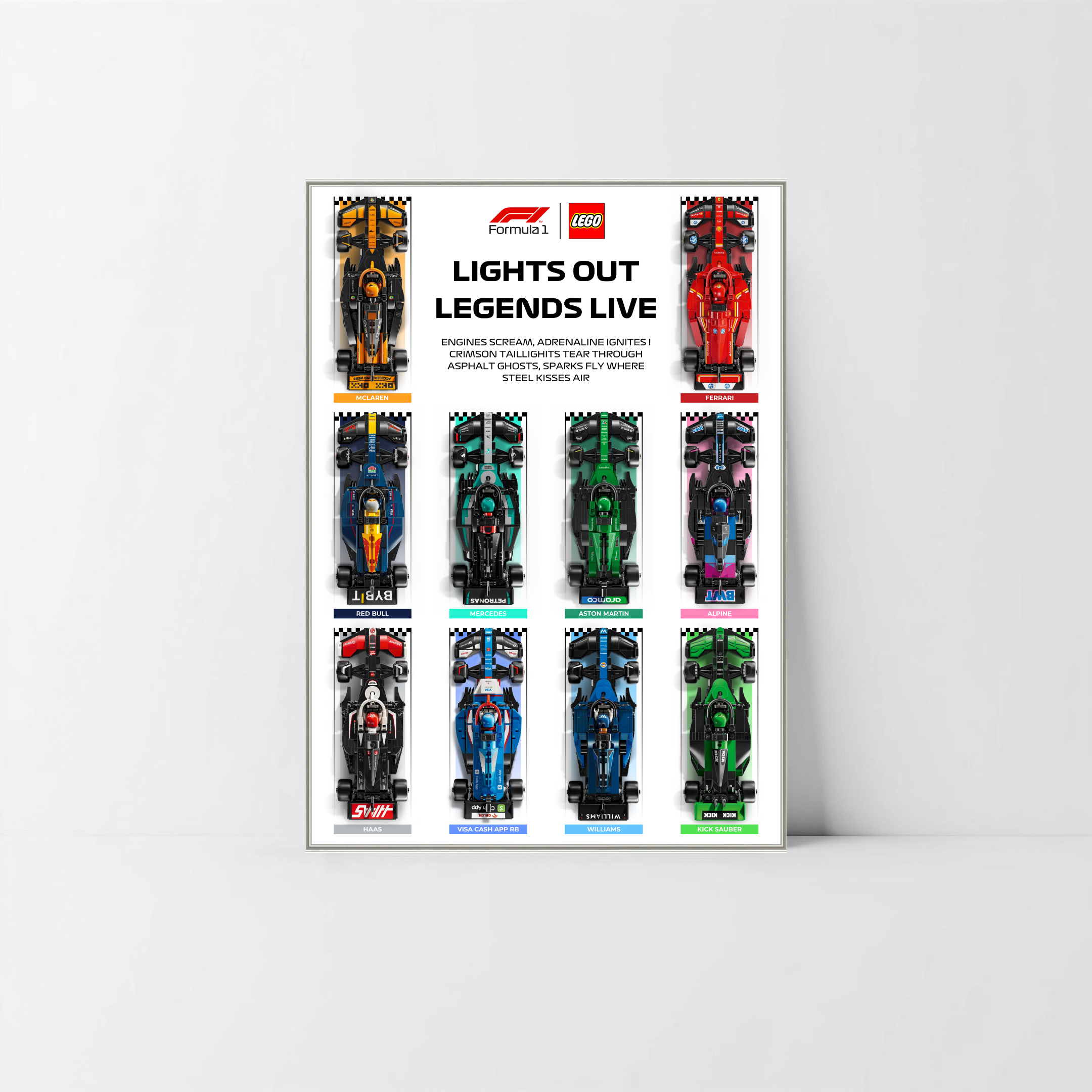 Support mural F1 2024 pour sets LEGO en aluminium argent brossé avec poster design C.