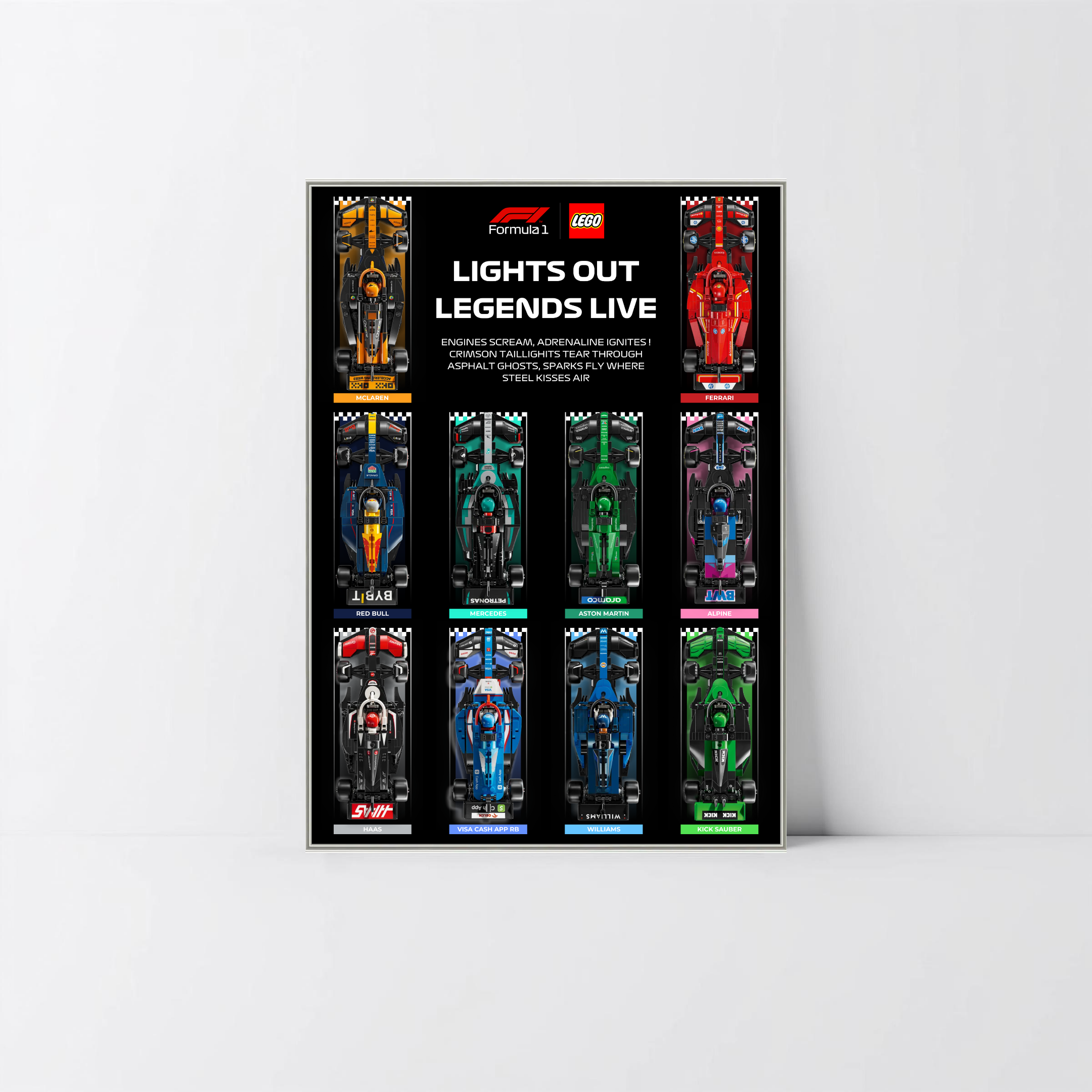 Présentoir technique LEGO Speed Champions F1, cadre alu argent de précision et affiche design D.