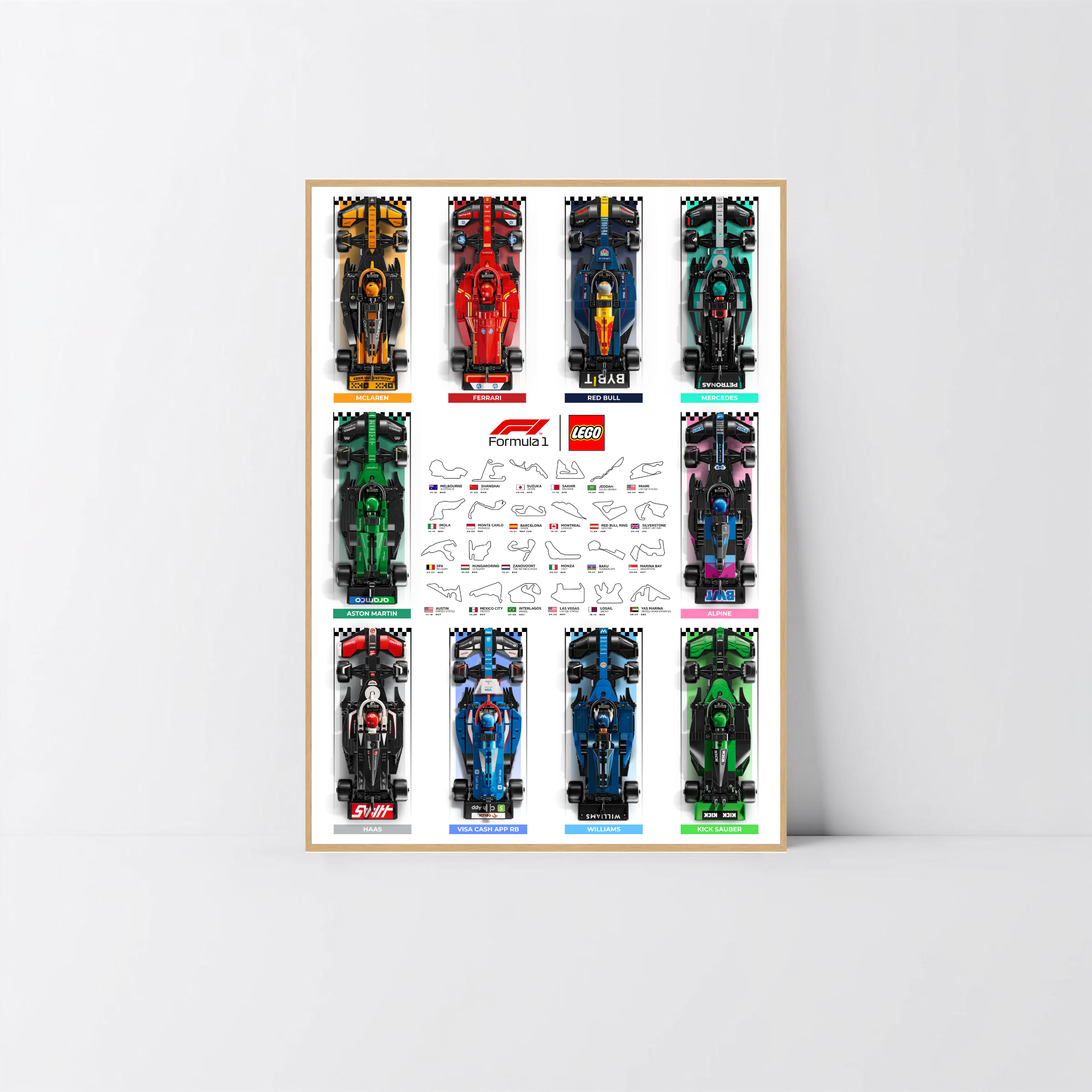 Cadre décoratif LEGO F1 2024 finition chêne bois naturel et affiche artistique design E.