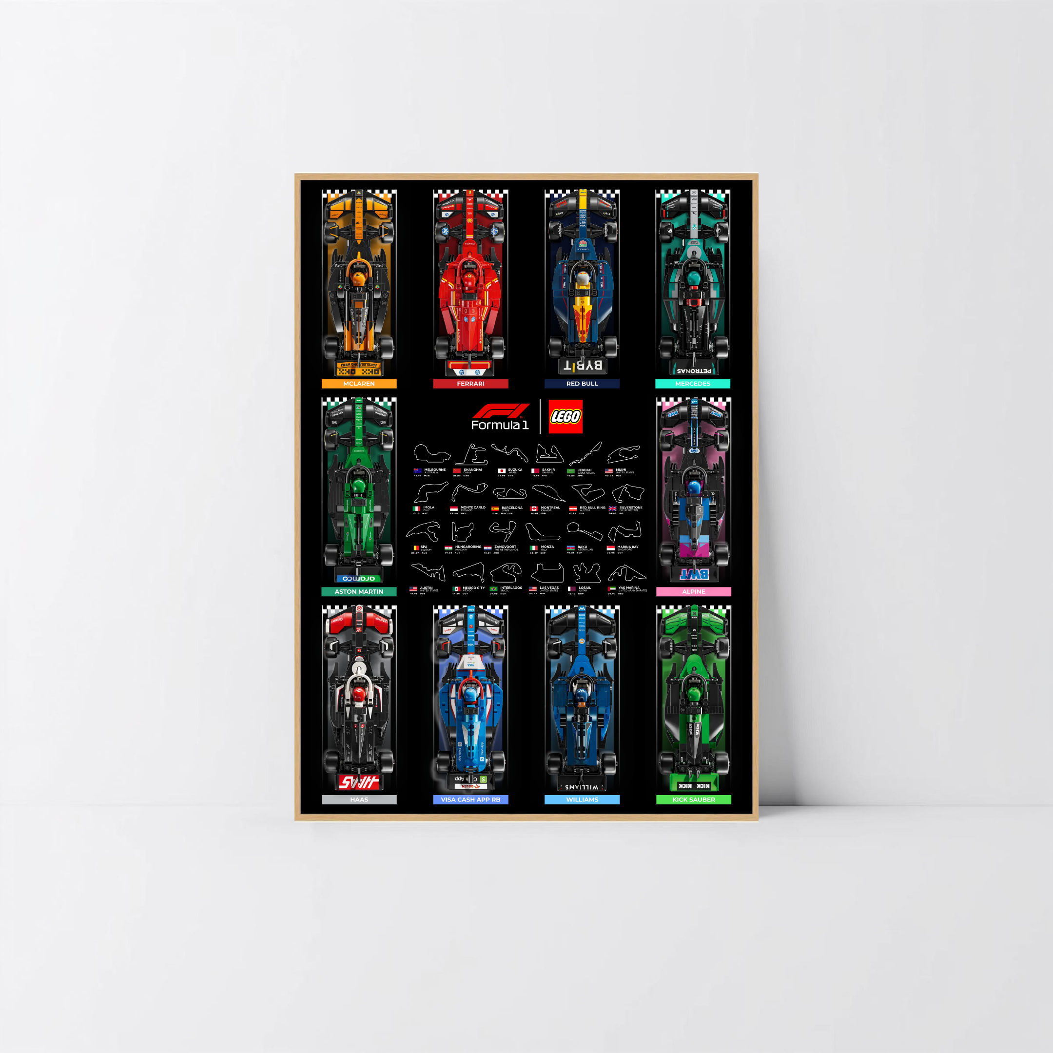 Vitrine murale F1 2024 pour collection Speed Champions, cadre chêne et affiche prestige design F.