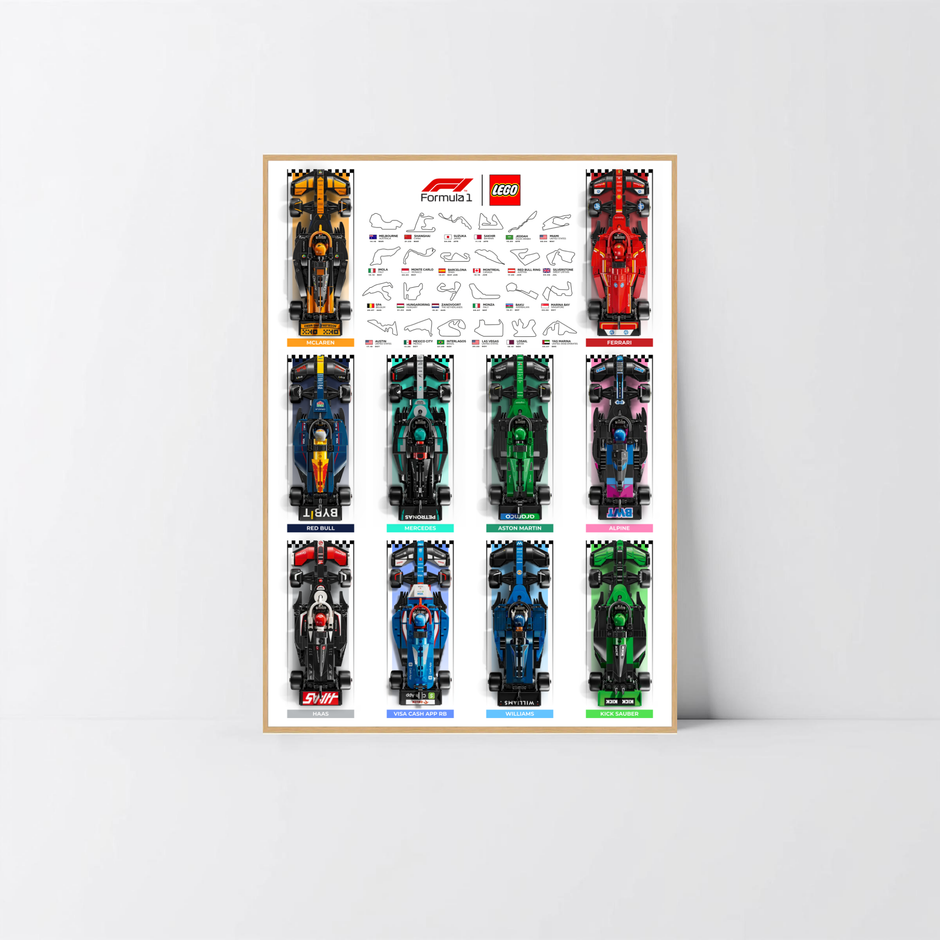 Cadre finition bois chêne pour 10 LEGO Speed Champions F1 2024 et affiche design A circuits.
