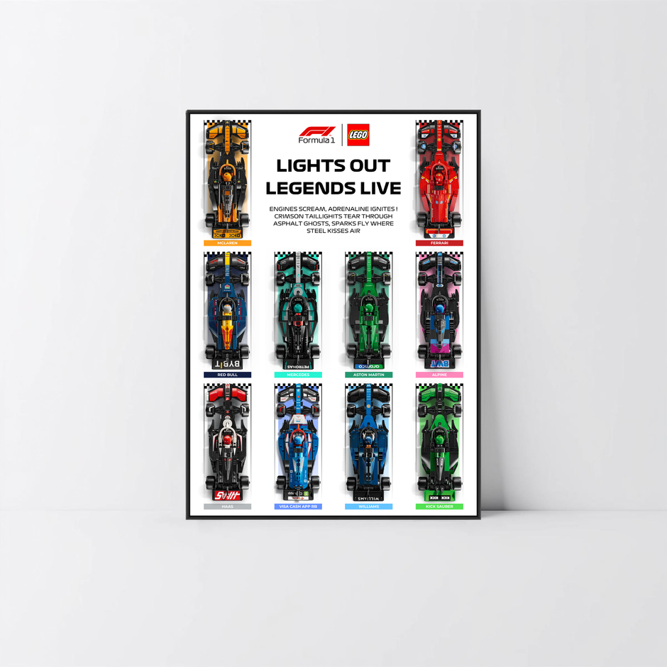 Support 10 voitures LEGO Speed Champions 2024, finition aluminium noir brossé et affiche design C.