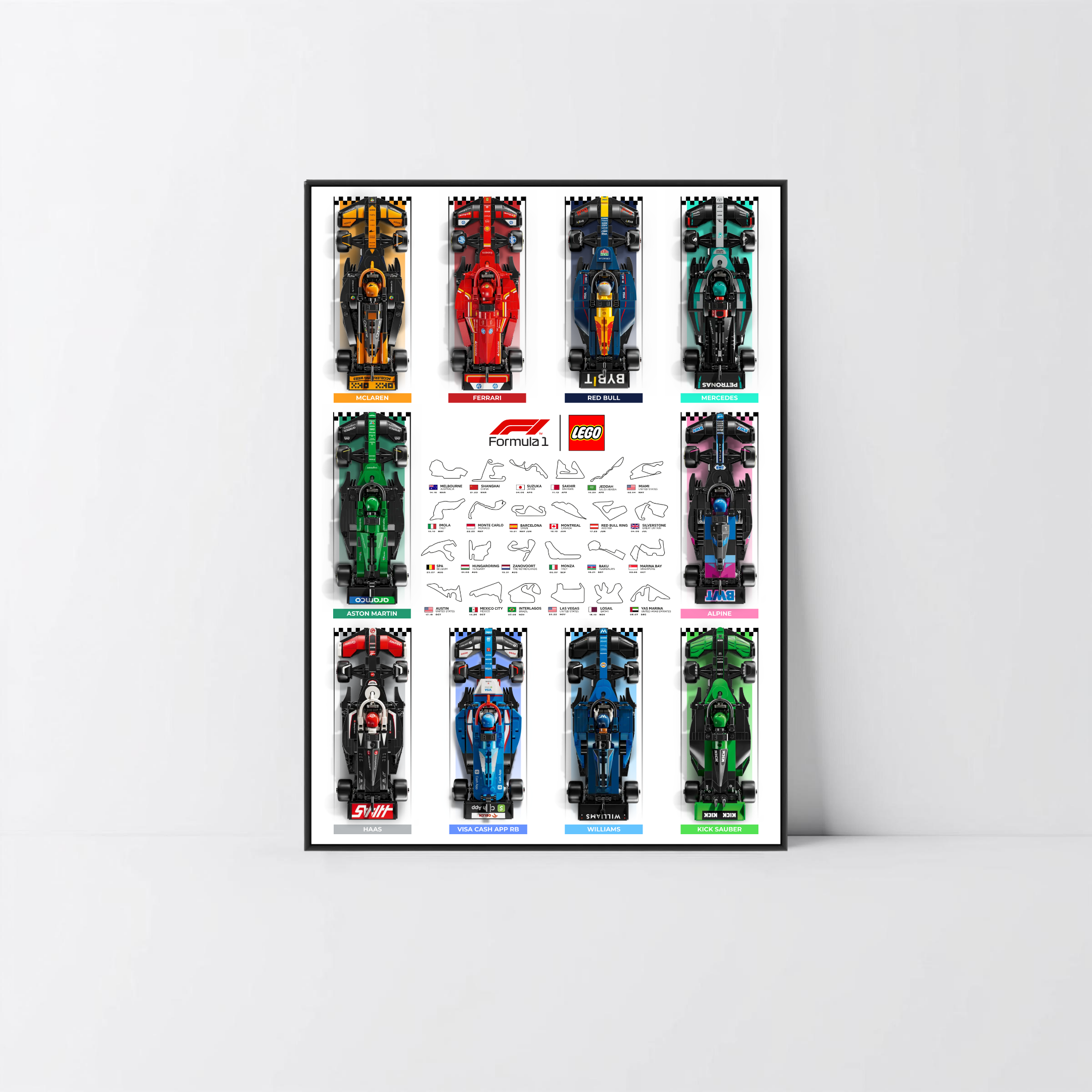 Décoration murale F1 2024 pour sets LEGO, cadre aluminium noir élégant et affiche artistique design E.