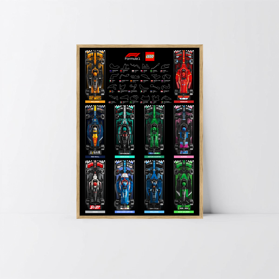 Tableau d'exposition bois naturel pour collection LEGO F1 saison 2024 et affiche design B.