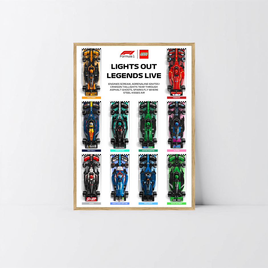 Support mural en bois massif pour sets LEGO Speed Champions F1 avec poster design C.