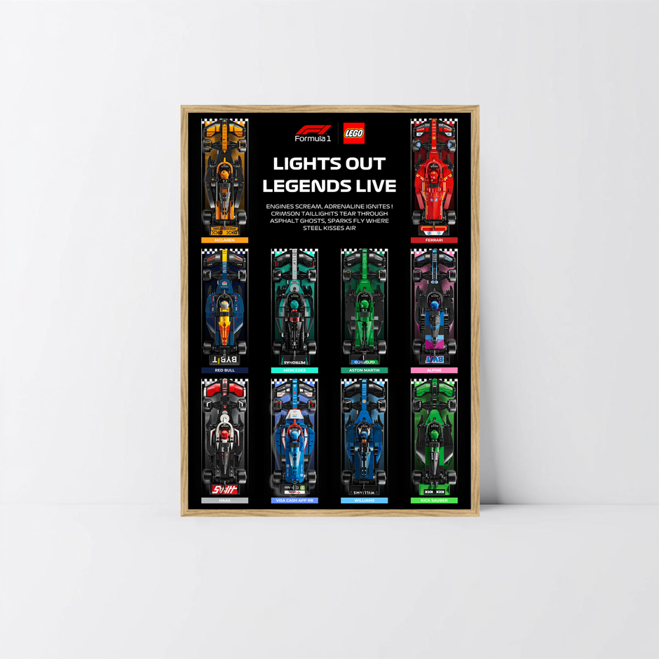 Présentoir bois artisanal pour 10 LEGO F1 2024, affiche technique et historique design D.