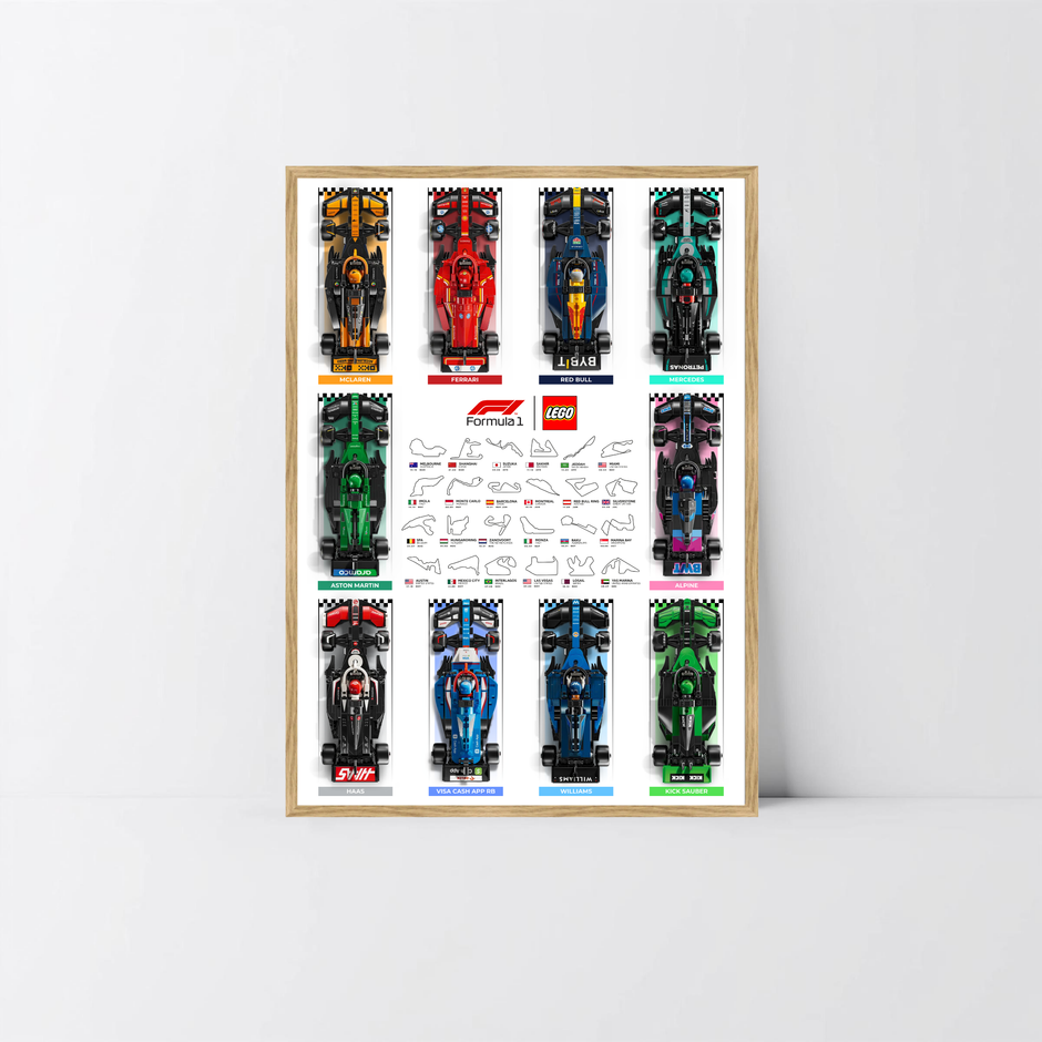 Cadre bois scandinave pour déco F1 2024 et 10 voitures LEGO Speed Champions design E.