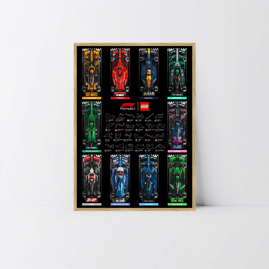 Tableau Masterpiece F1 2024 en bois brut avec affiche haute définition design F.