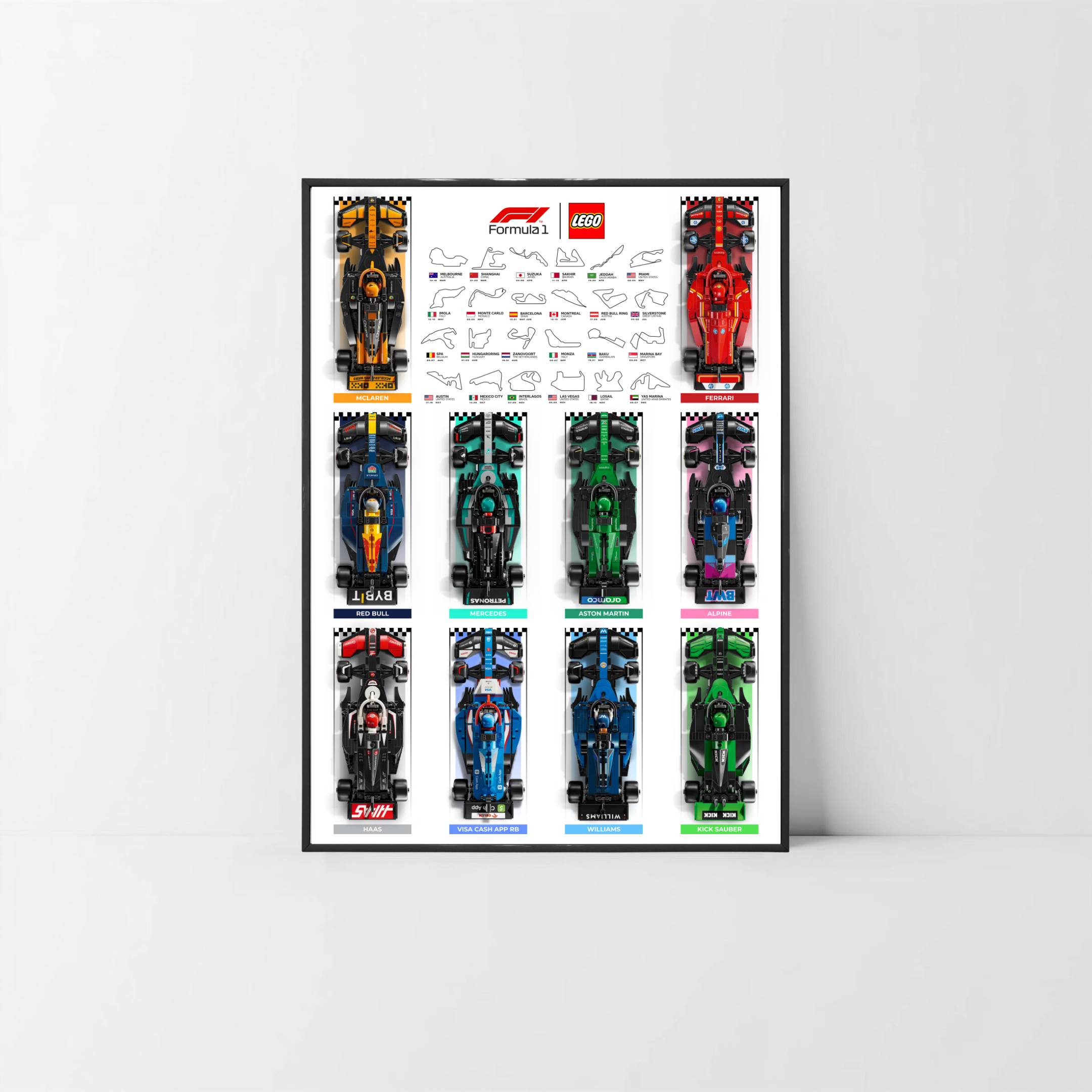 Support mural PVC noir léger pour 10 LEGO Speed Champions F1 2024 et affiche design A.