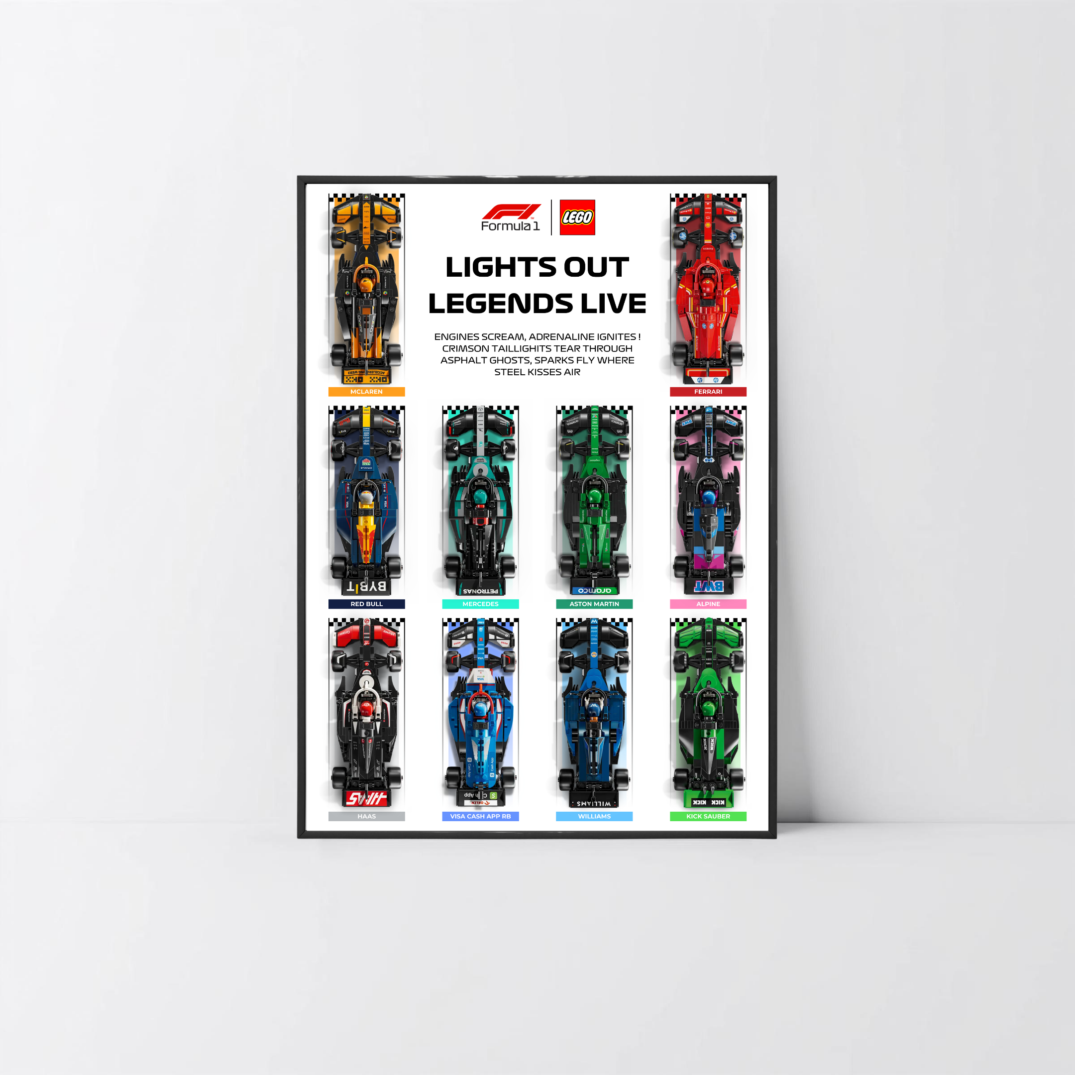 Présentoir 10 voitures LEGO F1 en PVC Forex noir haute densité et affiche design C.