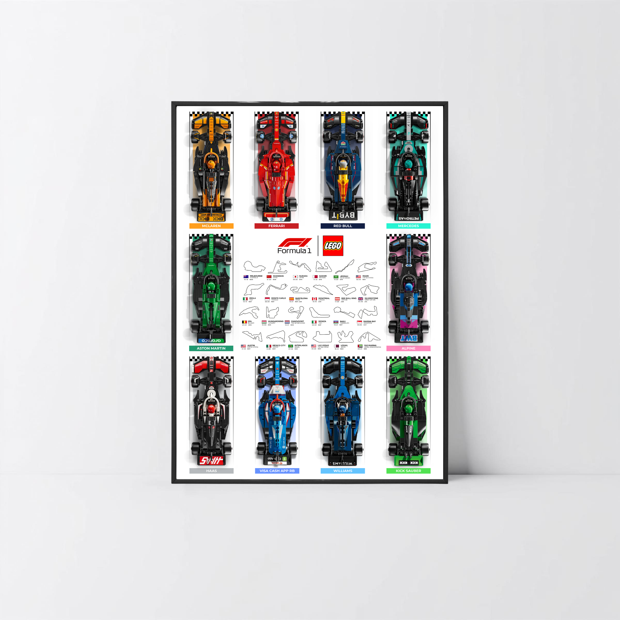 Tableau mural noir mat en PVC pour collection LEGO Speed Champions F1 design E.