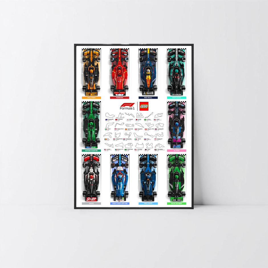 Tableau mural noir mat en PVC pour collection LEGO Speed Champions F1 design E.