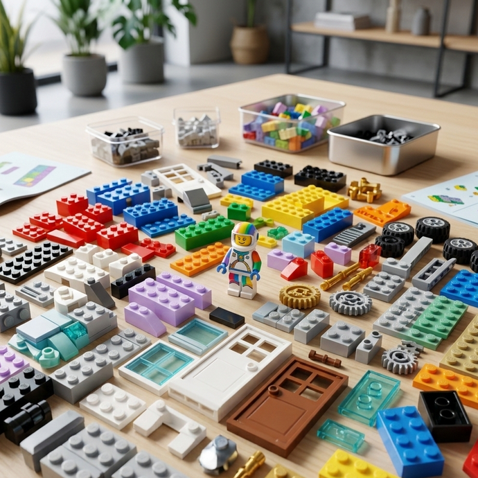 Vue organisée de briques LEGO multicolores et d'une figurine triées sur une table en bois avant l'étape de montage et d'exposition.